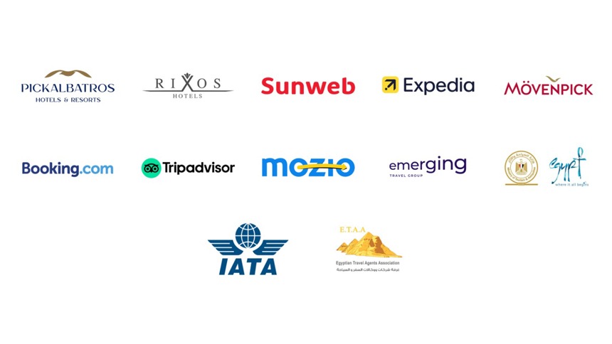Partner and accreditation logos: Pickalbatros Hotels & Resorts, Rixos Hotels, Sunweb, Expedia, Mövenpick, Booking.com, Tripadvisor, Mozio, Emerging Travel Group, Egyptian Ministry of Tourism and Antiquities, Egypt tourism brand, IATA, and Egyptian Travel Agents Association (ETAA).